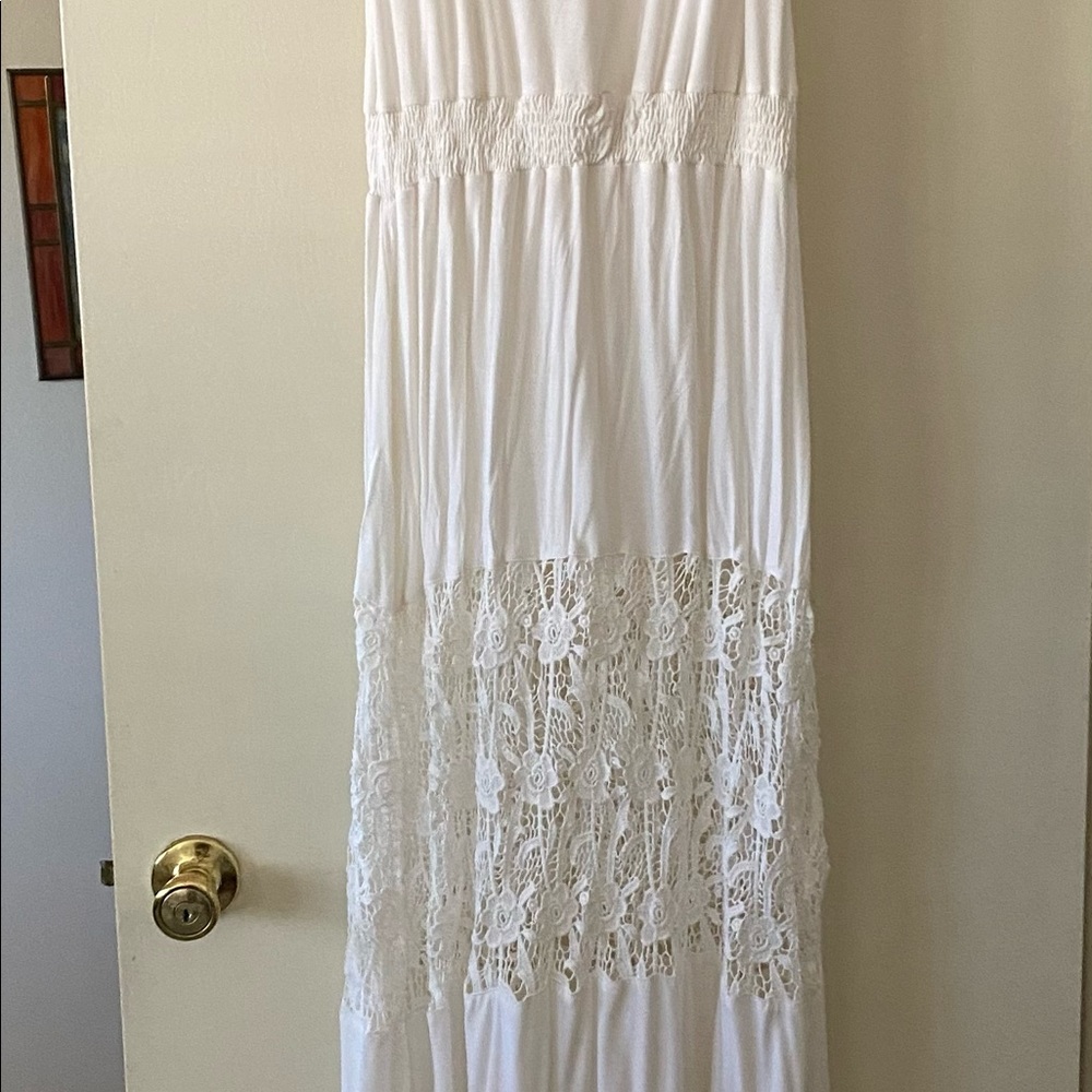 Long white strapless lacy dress